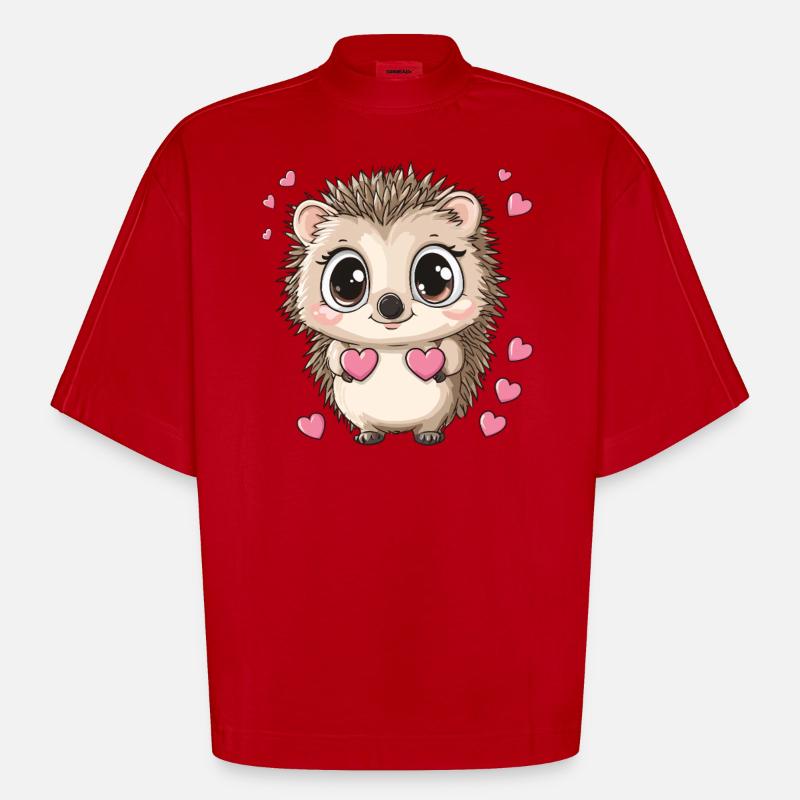 Hedgehog with hearts - Heavyweight Oversized Organic Boxy T-Shirt Made in EU - red