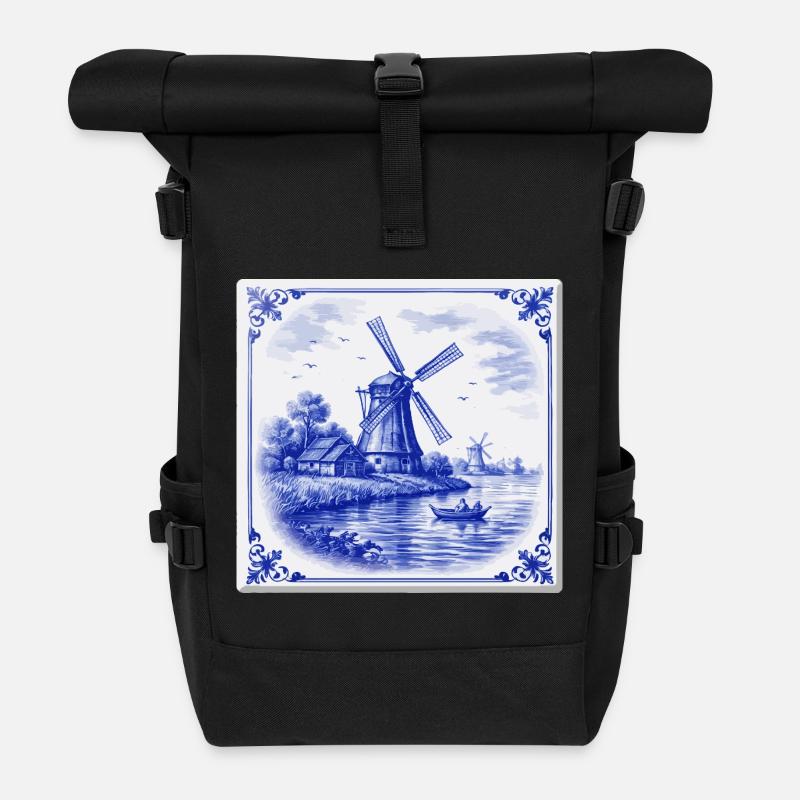 Delft Windmill by the Lake - Roll Top Backpack - black