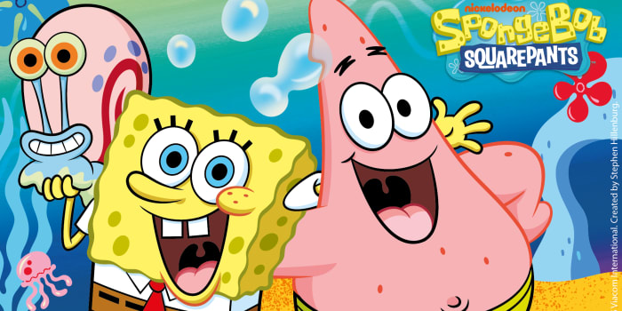 Colourful picture with various laughing cartoon figures. At the top there is text in orange and yellow, below in white.