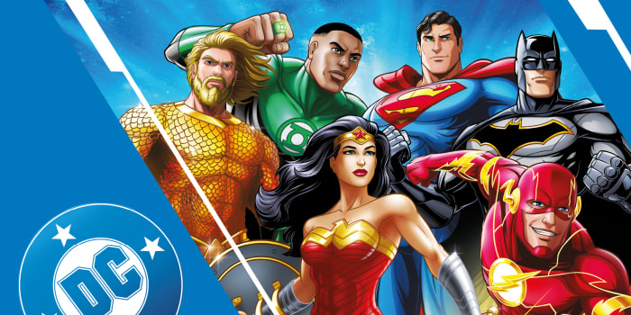 Colourful picture with blue background and white lettering. The picture shows several comic characters in authentic costumes.