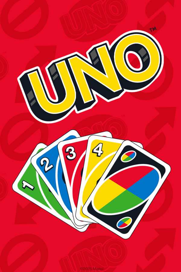 Red background with yellow lettering in front of it. Including five colourful playing cards with numbers and different shapes