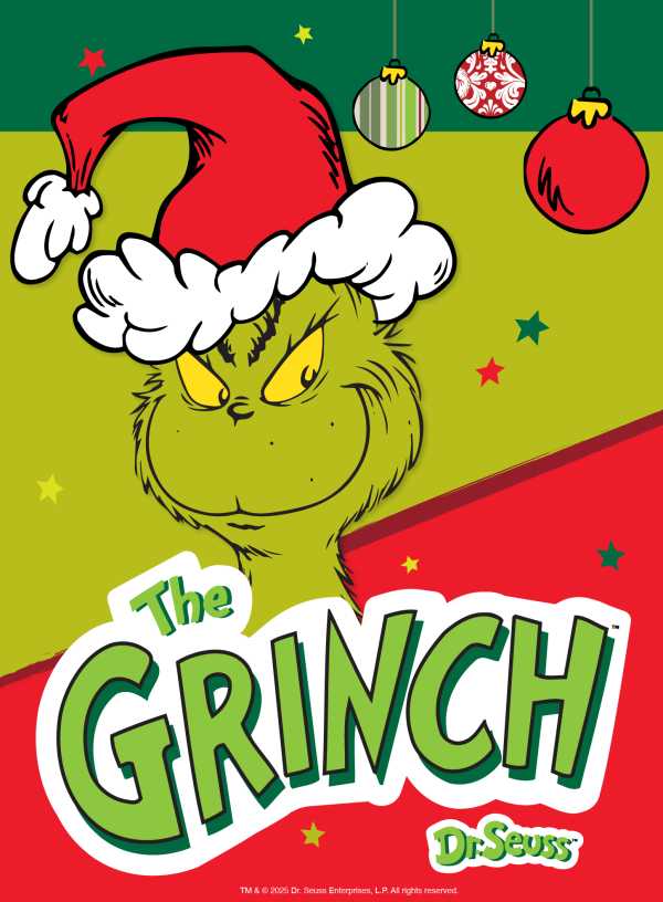 Illustration of the Grinch wearing a Santa hat scowling amid red and green Christmas decor with ornaments and The Grinch logo