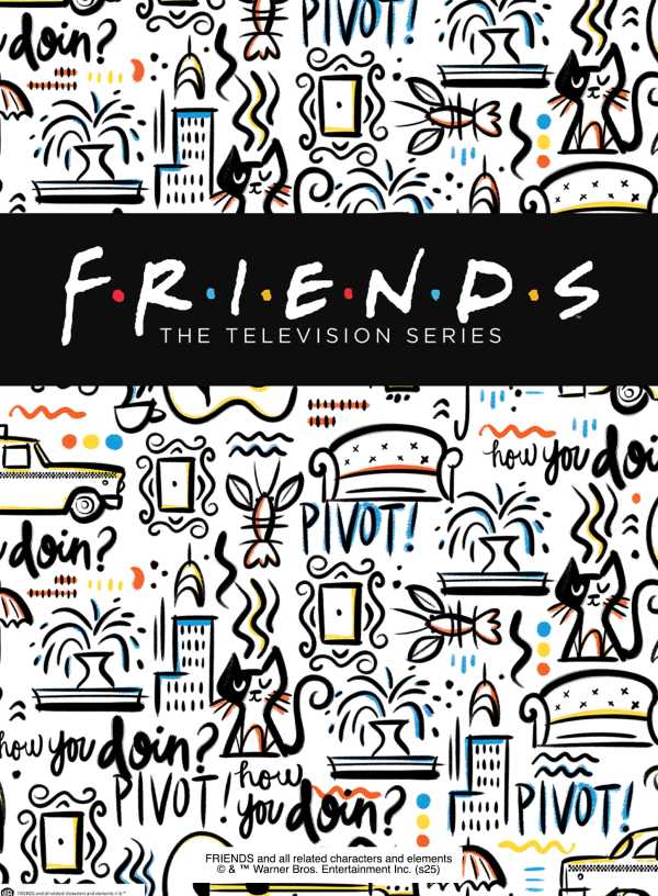 Illustrated sketch in black and white with a black strip containing large white lettering.