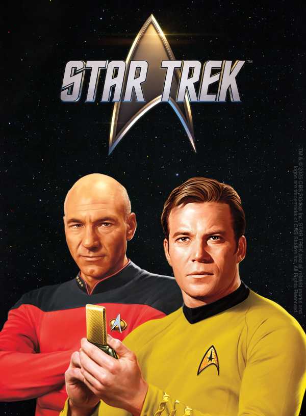 Two men: One is wearing a red long-sleeve, the other a yellow one. Above it, large lettering with a star.