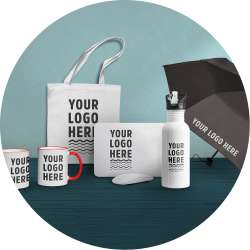 A collection of products available for customization, including a water bottle, umbrella, tote bag, and mousepad