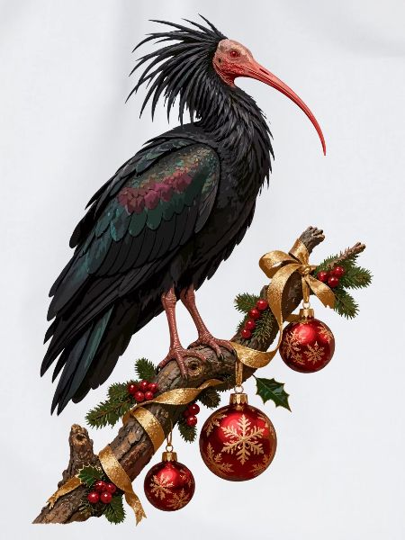 Waldrapp mit rubinroten Weihnachtskugeln
