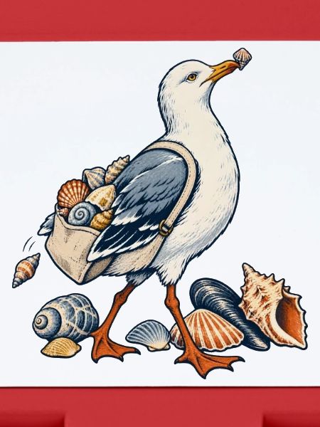 Möwe beim Muschelsammeln am Meer