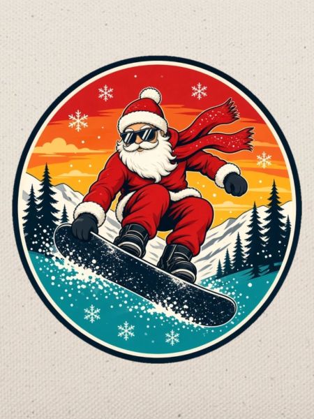 Cooler Weihnachtsmann beim Snowboarden Retro