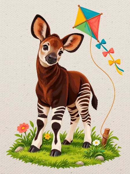 Kleines Okapi mit buntem Regenbogendrachen