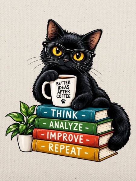 Nerdy Katze mit Kaffee und Büchern