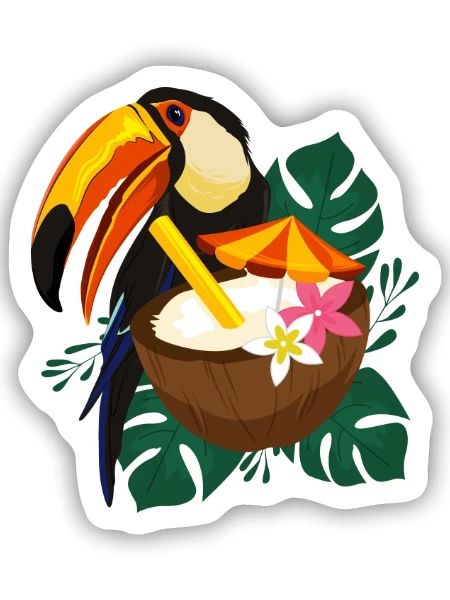 Tukan mit Kokosnuss-Cocktail - Tropisch - Sticker Größe S (10 x 10 cm) - Mattweiß - Vorne