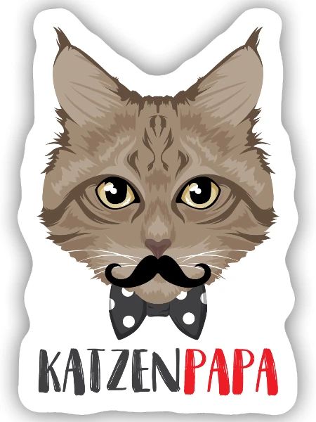 Katzenpapa - Katze mit Schnurrbart und Fliege - Sticker Größe S (10 x 10 cm) - Mattweiß - Vorne