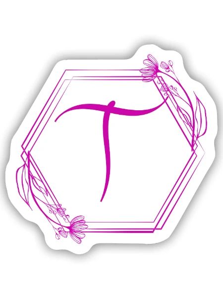 T-Blüten-Monogramm im Hexagon - Sticker Größe S (10 x 10 cm) - Mattweiß - Vorne