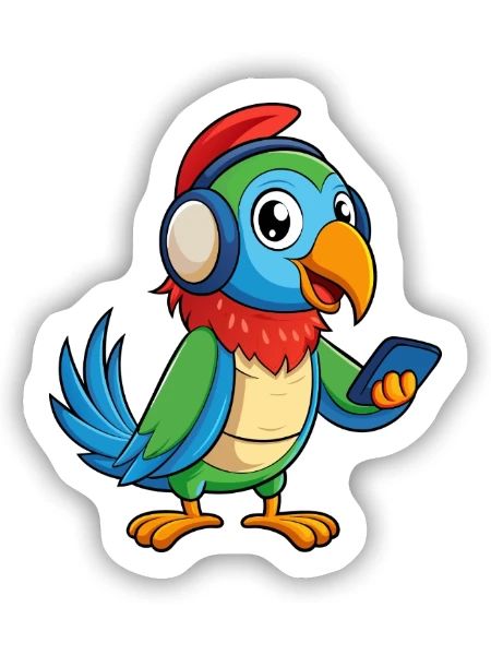 Papagei Lustige Zeichentrickfigur Kopfhörer Musik - Sticker Größe S (10 x 10 cm) - Mattweiß - Vorne