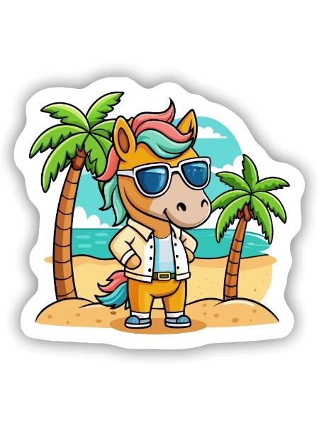 Cheval Drôle Dessin Animé Plage Été Lunettes de soleil - Sticker taille S (10 x 10 cm) - blanc mat - Devant