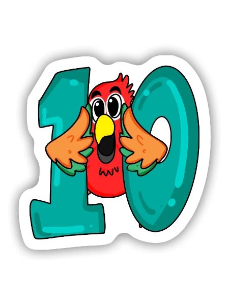 10 anniversaire - oiseau perroquet avec le numéro 10 - Sticker taille S (10 x 10 cm) - blanc mat - Devant