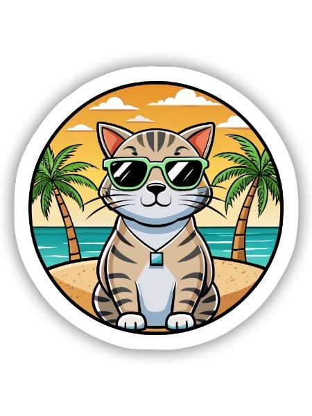 Schottische Falte Kurzhaarkatze Rasse Cartoon Strand - Sticker Größe S (10 x 10 cm) - Mattweiß - Vorne