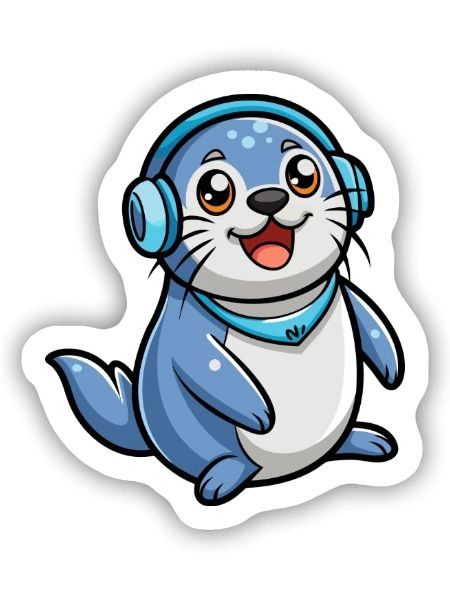 Seal Funny Cartoon Character Musique de casque - Sticker taille S (10 x 10 cm) - blanc mat - Devant