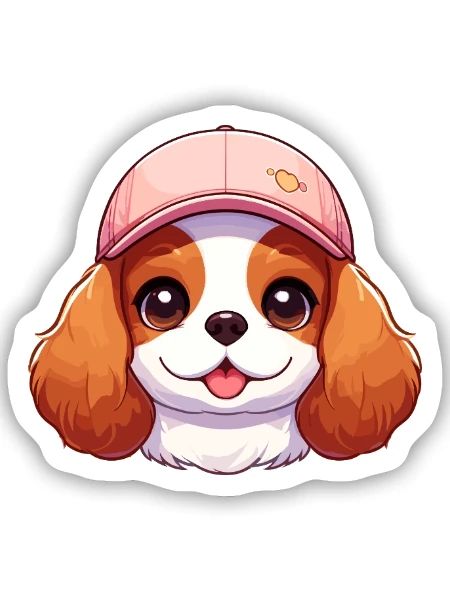 Chien Cavalier King Charles chien - casquette rose - Sticker taille S (10 x 10 cm) - blanc mat - Devant