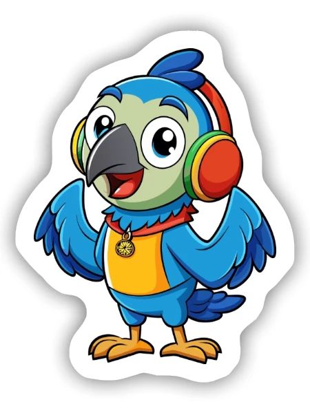 Papagei Lustige Zeichentrickfigur Kopfhörer Musik - Sticker Größe S (10 x 10 cm) - Mattweiß - Vorne