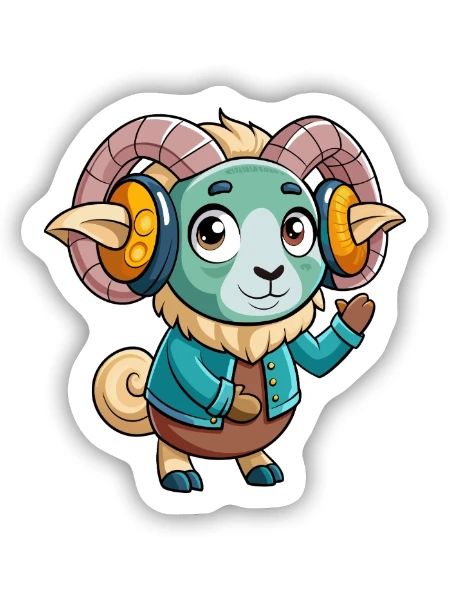 Ram Lustige Zeichentrickfigur Kopfhörer Musik - Sticker Größe S (10 x 10 cm) - Mattweiß - Vorne