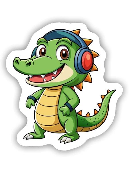 Krokodil Lustige Zeichentrickfigur Kopfhörer Musik - Sticker Größe S (10 x 10 cm) - Mattweiß - Vorne