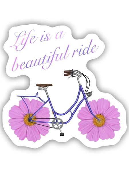 Life is a beautiful Ride - Fahrrad mit Blumen - Sticker Größe S (10 x 10 cm) - Mattweiß - Vorne