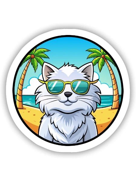 Weiße Langhaarkatze Persische Katzenrasse Cartoon Strand - Sticker Größe S (10 x 10 cm) - Mattweiß - Vorne