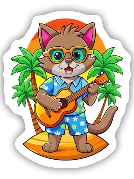 Drôle Chat Dessin Animé Plage D’été Lunettes De Soleil Guitare - Sticker taille S (10 x 10 cm) - blanc mat - Devant