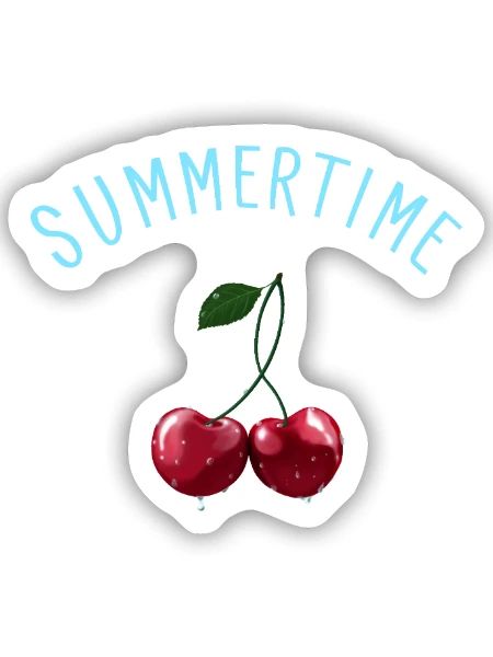 Summertime - Kirschen mit hellblauem Schriftzug - Sticker Größe S (10 x 10 cm) - Mattweiß - Vorne