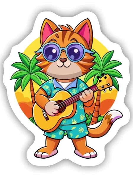 Drôle Chat Dessin Animé Plage D’été Lunettes De Soleil Guitare - Sticker taille S (10 x 10 cm) - blanc mat - Devant