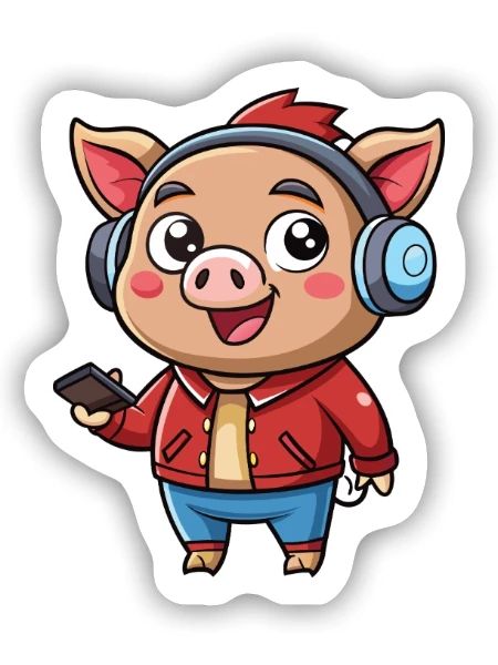 Cochon Drôle Dessin Animé Personnage Casque Musique - Sticker taille S (10 x 10 cm) - blanc mat - Devant