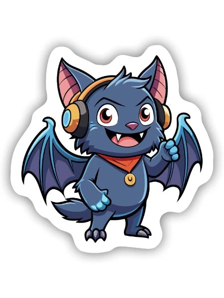 Fledermaus Lustige Zeichentrickfigur Kopfhörer Musik - Sticker Größe S (10 x 10 cm) - Mattweiß - Vorne