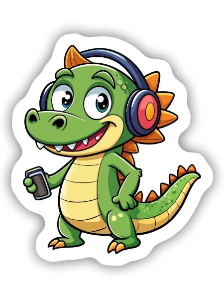Krokodil Lustige Zeichentrickfigur Kopfhörer Musik - Sticker Größe S (10 x 10 cm) - Mattweiß - Vorne