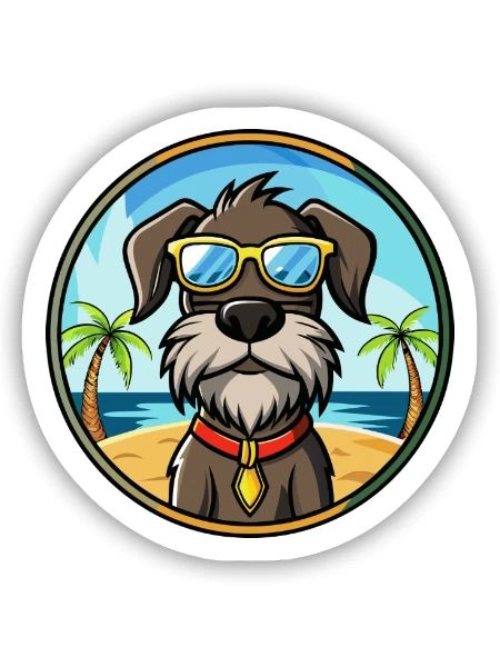 Chien d’arrêt allemand à poil dur race dessin animé plage - Sticker taille S (10 x 10 cm) - blanc mat - Devant