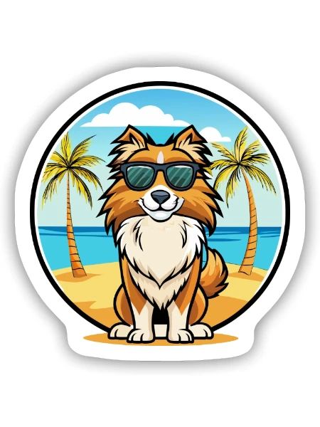 English Shepherd Dog Breed Cartoon Sunglass Beach - Sticker size S (10 x 10 cm) - white matte - Front