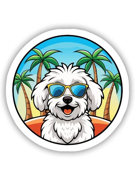 Bichon frisé race de chien dessin animé lunettes de soleil plage - Sticker taille S (10 x 10 cm) - blanc mat - Devant