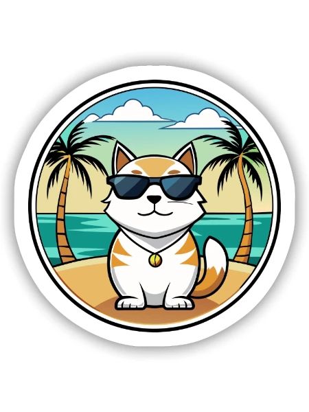 Japanese Bobtail Cat Breed Cartoon Sunglass Beach - Sticker size S (10 x 10 cm) - white matte - Front