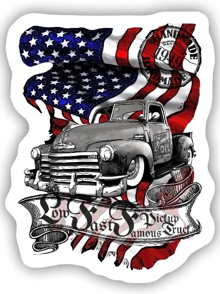 Oldtimer Truck Flagge Americana - Sticker Größe S (10 x 10 cm) - Mattweiß - Vorne