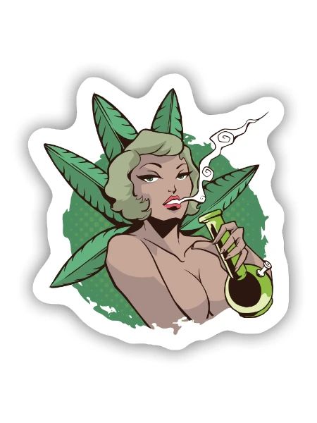 Pin Up Girl Cannabis Marihuana Sexy Bong - Sticker Größe S (10 x 10 cm) - Mattweiß - Vorne