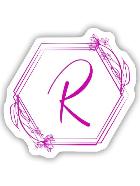 R Monogramm im Hexagon mit Blumen - Sticker Größe S (10 x 10 cm) - Mattweiß - Vorne