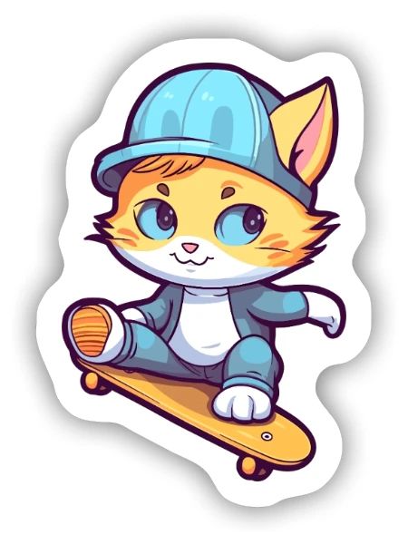 Lustige Katze Kawaii Cartoon Haustier spielt Skateboard - Sticker Größe S (10 x 10 cm) - Mattweiß - Vorne