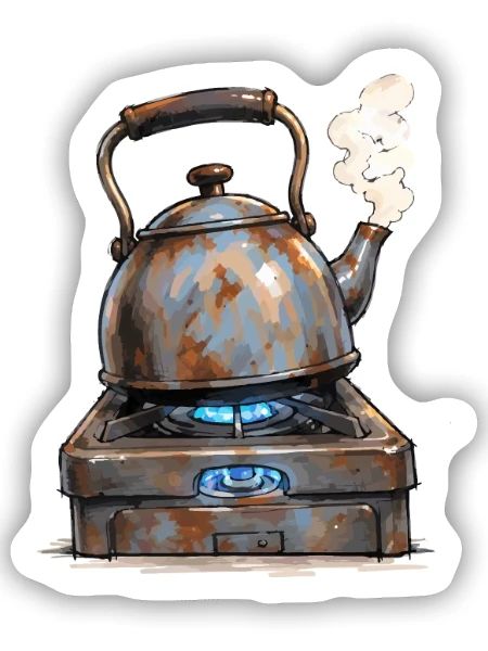 Rostiger Teekessel auf Gasherd - Sticker Größe S (10 x 10 cm) - Mattweiß - Vorne