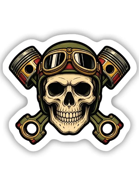 Totenkopf Kolben Biker Tattoo Oldschool T-Shirt - Sticker Größe S (10 x 10 cm) - Mattweiß - Vorne