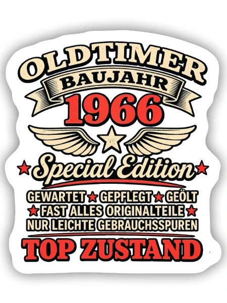 Vintage 1966 Oldtimer German Birthday 60th Tee - Sticker Größe S (10 x 10 cm) - Mattweiß - Vorne
