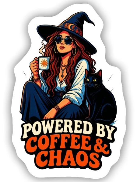 Kaffee Chaos Boho-Girl & Katze - Sticker Größe S (10 x 10 cm) - Mattweiß - Vorne