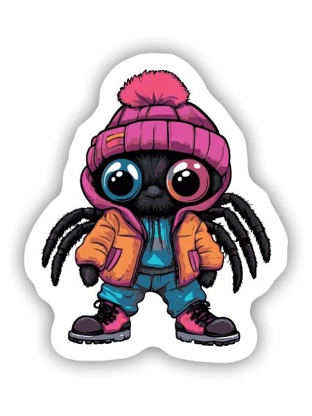 Spinne mit Winterjacke und pinker Mütze - Sticker Größe S (10 x 10 cm) - Mattweiß - Vorne
