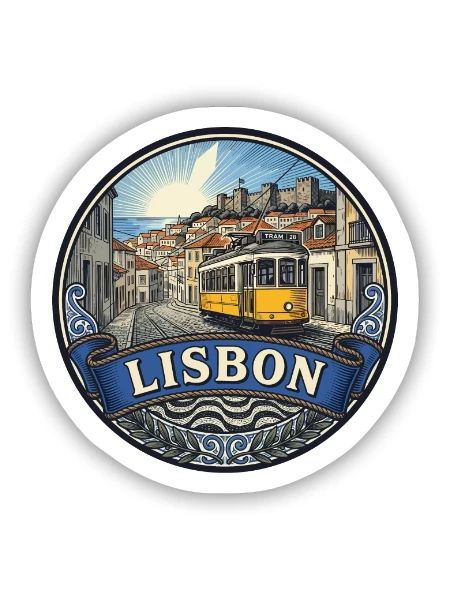 Lissabon Portugal Reiseabzeichen Tram 28 Souvenir - Sticker Größe S (10 x 10 cm) - Mattweiß - Vorne