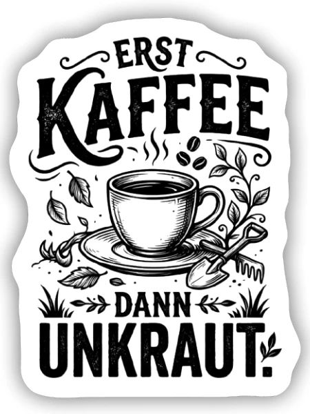 ​Garten Kaffee T-Shirt Erst Kaffee Dann Unkraut - Sticker Größe S (10 x 10 cm) - Mattweiß - Vorne