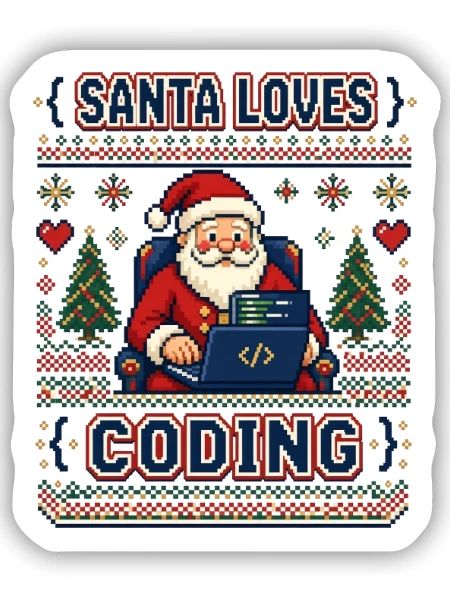 Santa Loves Coding – Pixel Ugly Sweater Look - Sticker Größe S (10 x 10 cm) - Mattweiß - Vorne